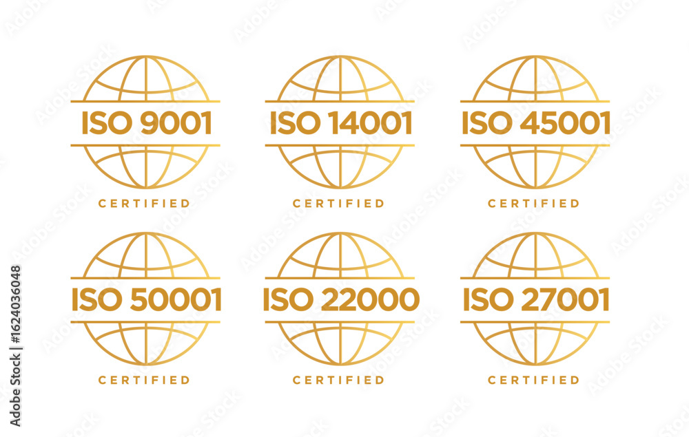 Obraz premium IS0 9001 14001 45001 50001 22000 27001 Certification badge gold vector illustration