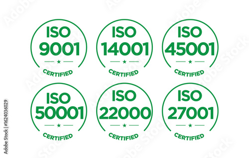 IS0 9001 14001 45001 50001 22000 27001 certification badge green vector illustration
