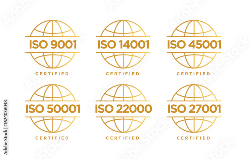 IS0 9001 14001 45001 50001 22000 27001 Certification badge gold vector illustration