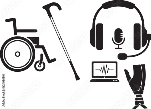 Black icons of assistive devices and technology on white background wheelchair cane