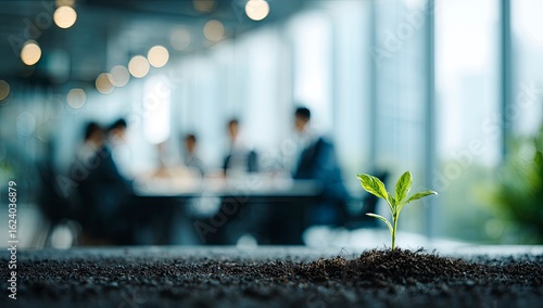 Young Plant Growing in Office, Business Meeting Background
