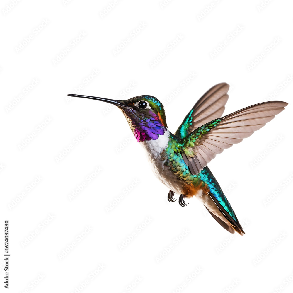 Fototapeta premium Colorful hummingbird in flight isolated on transparent background, showcasing vibrant plumage