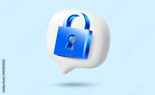 3d blue lock icon on a chat bubble, isolated on background. Security chat icon in 3d vector illustration. Vector illustration