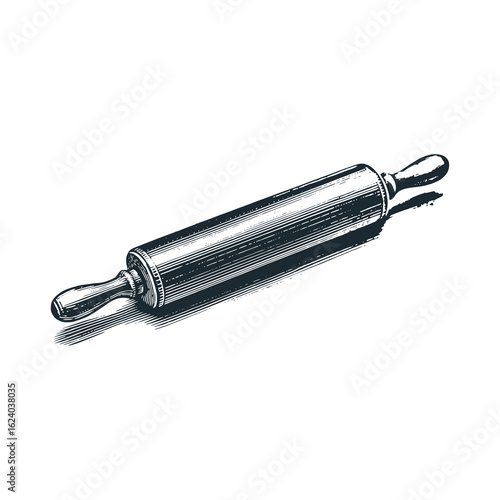 Round wooden dough rolling pin. Black white vector illustration.