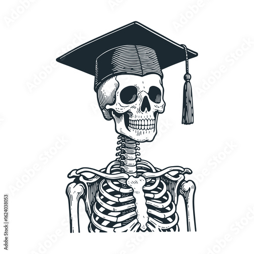 Human skeleton wearing a graduation cap. Black white vector illustration.