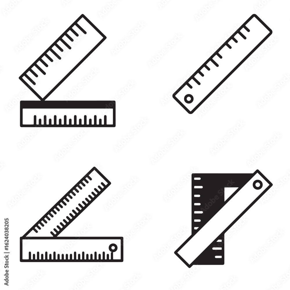 Collection of various rulers presented as iconographic black and white symbols on a white background Collection of various rulers presented as iconographic black and white symbols on a white background