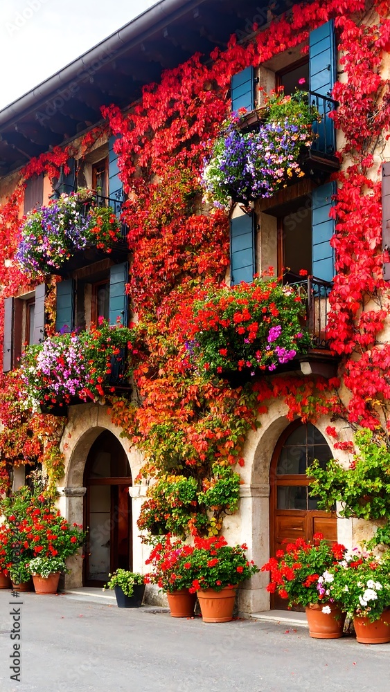 Naklejka premium Colorful Autumnal Building with Flowers