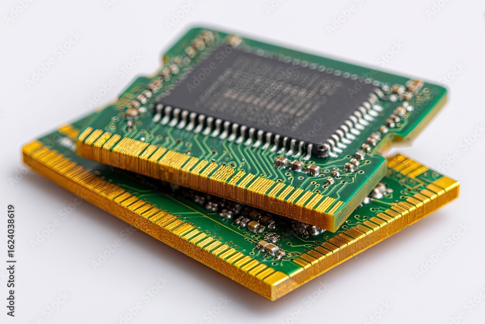 Two green memory chips on white background. Tech repair Two green memory chips on white background. Tech repair