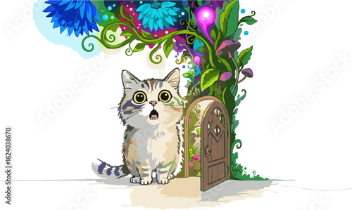 A curious cartoon tabby cat looks with amazement as it opens a small magic door to a new world of discovery.