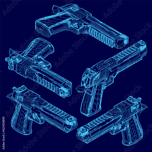 Five handguns in blueprint style are arranged in a line on a blue background, each with unique contours and sizes. The desert eagle stands out among the designs, showcasing detailed outlines.
