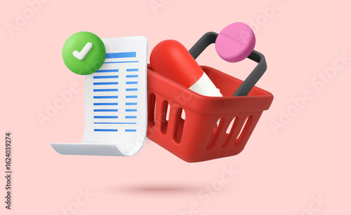 3d shopping basket with medical capsule and tablet pill, bill or receipt with green check mark, isolated on background. Valid medicine checklist concept in 3d vector illustration. Vector illustration