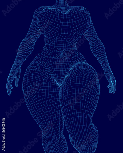 A female wireframe model displays the human body structure with clean geometric lines. The transparent design highlights anatomical details in a digital art style. Perfect for medical, tech.
