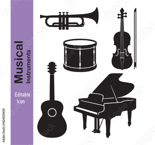 Elegant grand piano with classical musical instruments on a white background