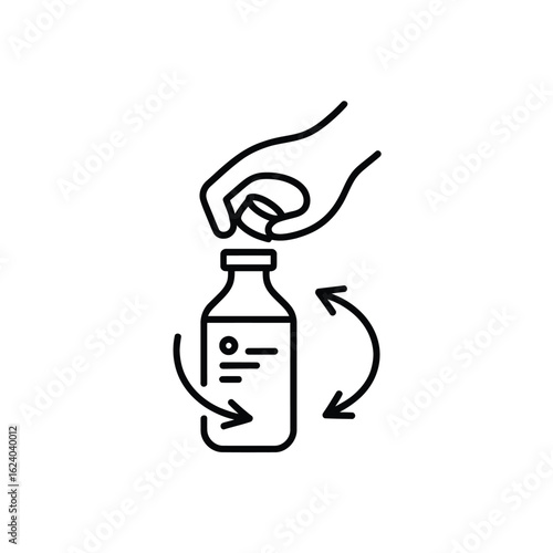 Hand opening a bottle with swirling arrows indicating mixing