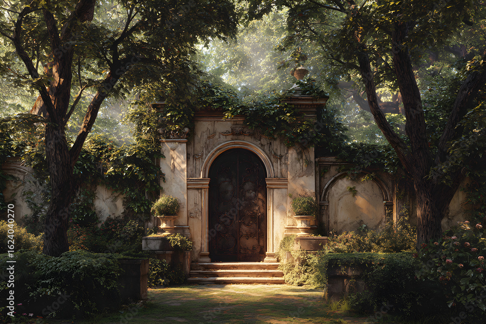 Obraz premium Charming Archway Garden Entrance: A Serene Passageway into Nature's Beauty