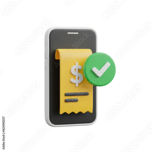 3d icon of mobile phone displaying a bill with a dollar sign and a green checkmark, indicating successful payment, isolated on transparent background