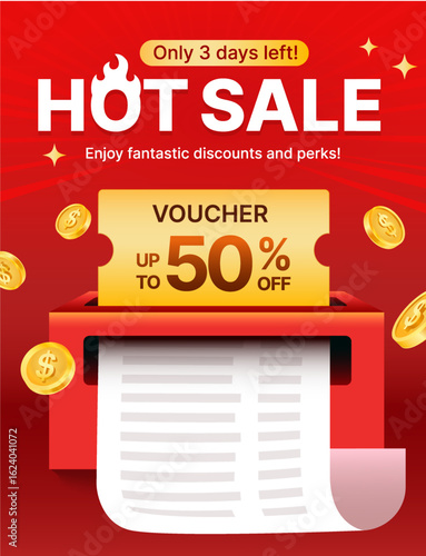 Hot sale gift voucher card is being printed from a slot with coupon code, 50 percent off, isolated on background with golden coins flying around. Cashback coupon banner template in 3d vector. Vector