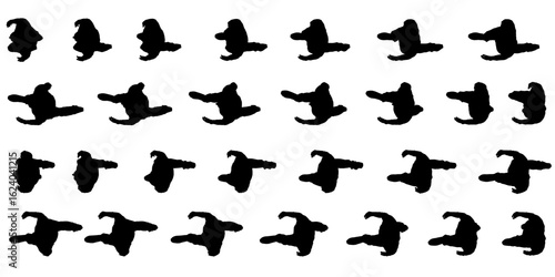 A group of men walking in single file as black silhouettes against a clean white background, captured from a top-down perspective. The minimalist composition highlights movement and unity, with each.