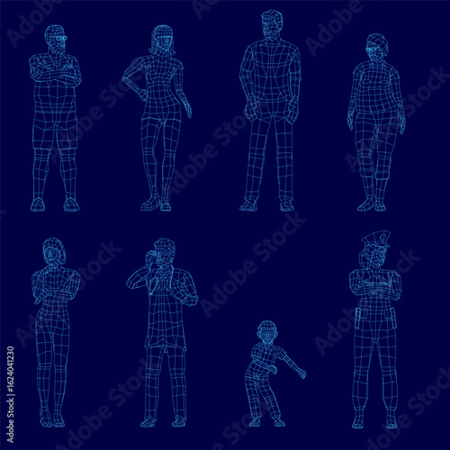 A set of low-poly wireframe 3D models of a man and woman in various poses against a blue background. The minimalist figures showcase geometric simplicity with clean edges and angular forms.
