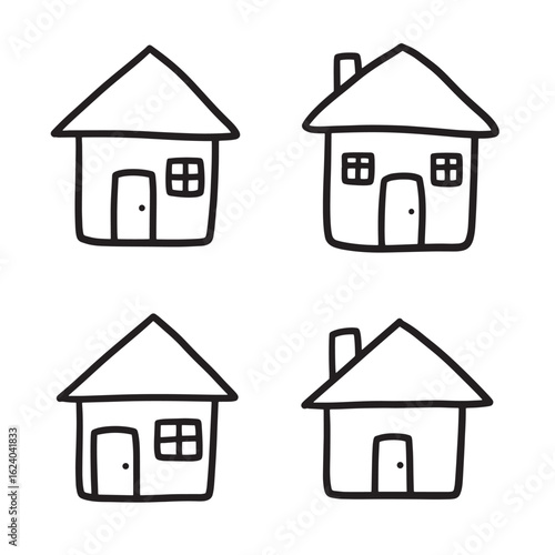 Simple hand drawn house outlines with windows doors and chimneys on a white background