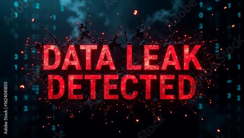 A striking graphic of the words 'DATA LEAK DETECTED' in glowing red against a dark, digital background.