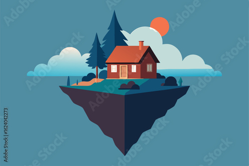 a floating island with a cozy house and garden in .eps