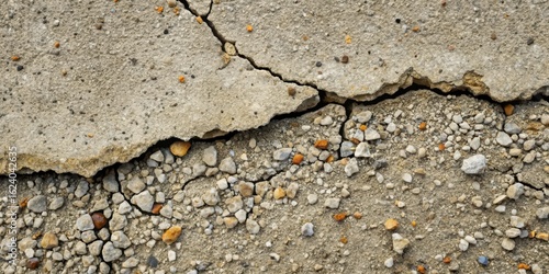 Cracked concrete surface reveals exposed gravel and underlying structural damage