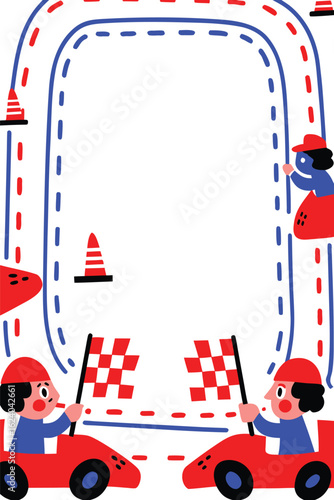 Kids Toy Car Race Vertical & Portrait Poster Template. Fun Flat Vector Frame with Blank Copy Space