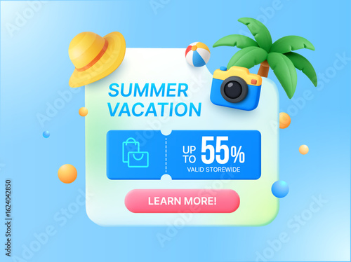 3d summer sale popup banner template with gift card voucher cashback, coupon code, dialog with palm tree, beach hat, photo camera, isolated on background. Summer sale popup concept in 3d vector