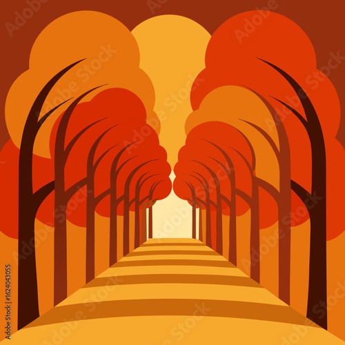 Stylized autumn alley with warm hues and a bright horizon