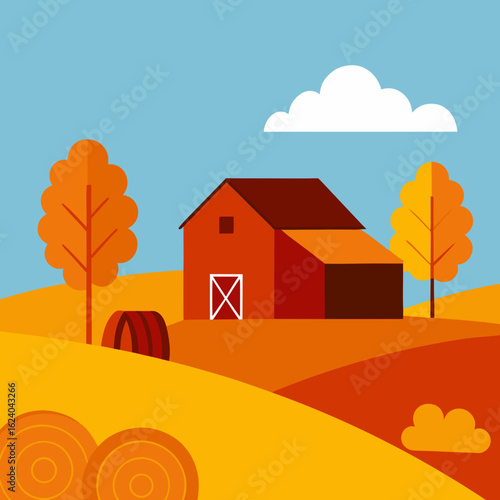 Autumn farm scene with red barn and hay bales