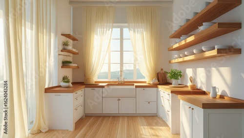 A bright kitchen with white cabinets wood countertops and open shelves filled with dishes and plants