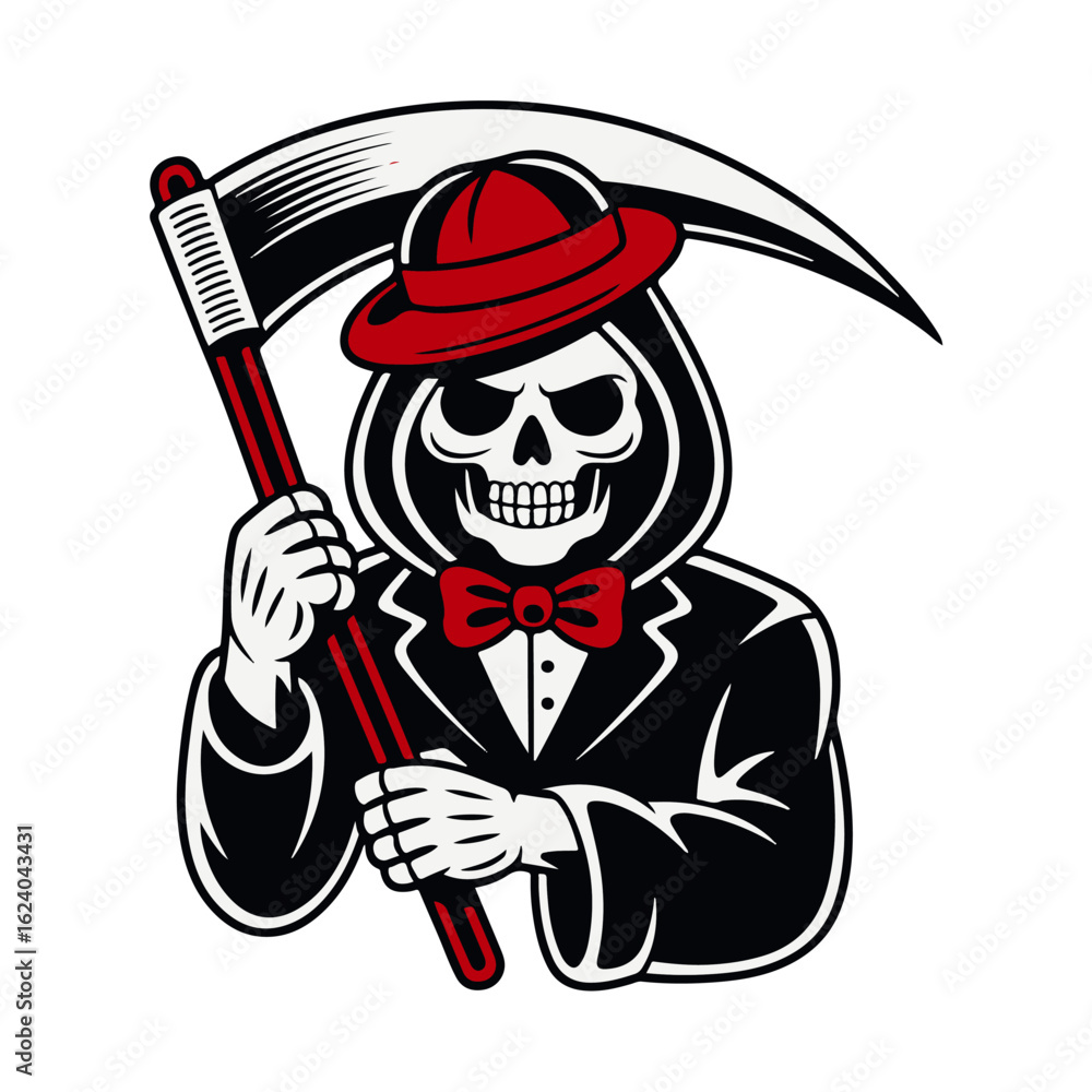 Obraz premium Cartoon grim reaper wearing a hat and suit, holding a scythe.