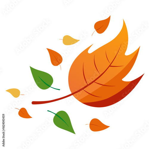 Autumn leaves blowing in the wind with a large orange leaf