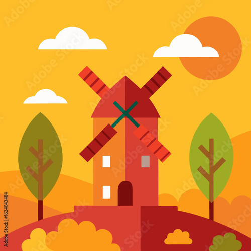 Charming flat design windmill scene with autumnal colors