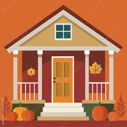 Cozy autumn house with pumpkins and fall decorations