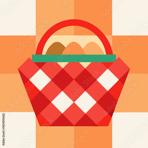 Picnic basket filled with eggs on a plaid background