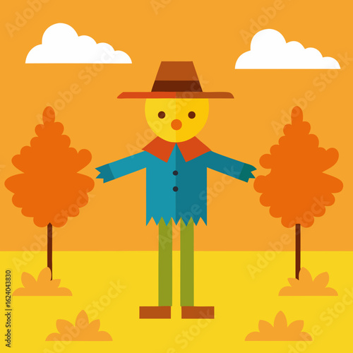 Friendly scarecrow in an autumn field with trees and clouds