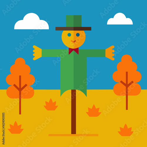 Friendly scarecrow in an autumn field with orange trees and clouds