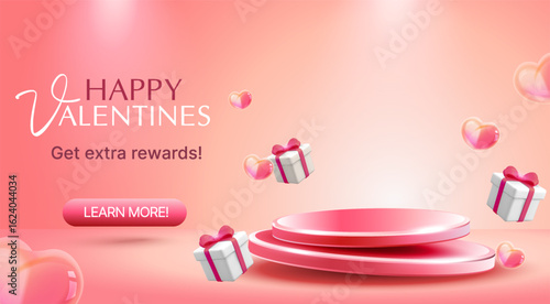3d happy valentine podium banner template with gift boxes flying around, isolated on pink background. Valentine product showcase background with stage in 3d vector illustration. Vector illustration