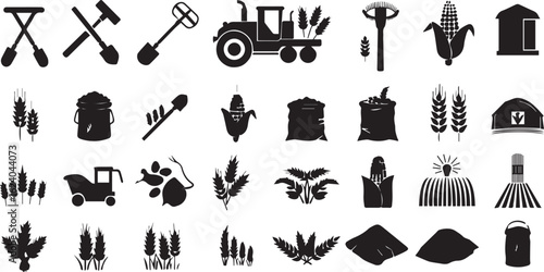 Agriculture silhouette icon set. farming, crop, wheat, harvest, grain icons collection,