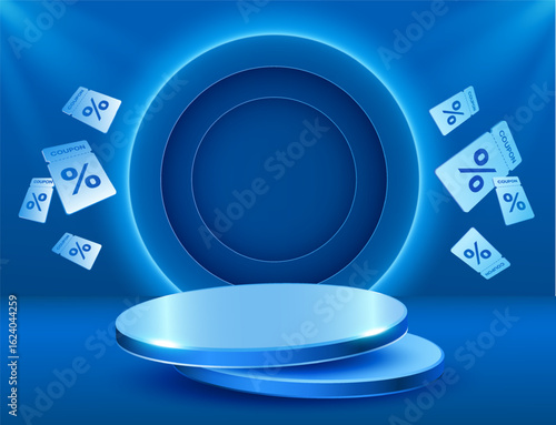 3d blue podium banner template with flying gift voucher cards, blue neon and spotlight, isolated on background. Product showcase background with stage in 3d vector illustration. Vector illustration