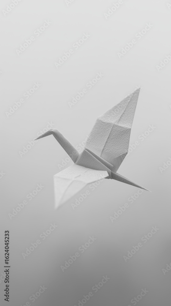 Origami paper bird flying in gray sky for spiritual transition Origami paper bird flying in gray sky for spiritual transition