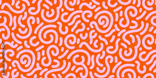 Abstract pink squiggly lines pattern on a vibrant orange background