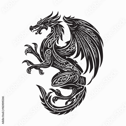 Celtic Mythical Dragon Full Body Vector Illustration in Black and White Tribal Style