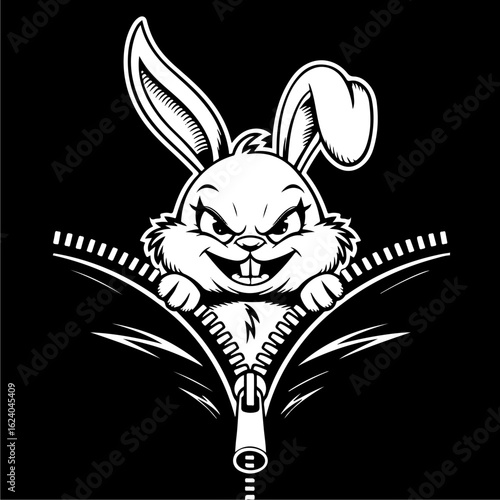 A menacing, cartoon rabbit emerges from a zipper, showcasing a mischievous grin.