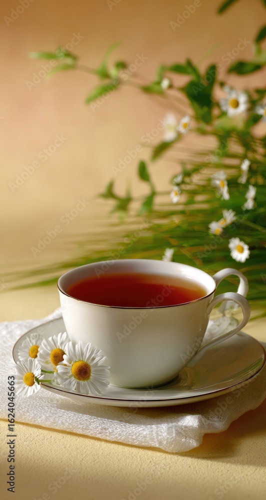 Warm cup of tea, surrounded by daisies and greenery Warm cup of tea, surrounded by daisies and greenery