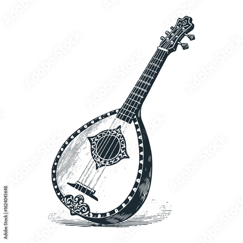 Oud arabic guitar engraved  – Black and White Icon Vector and Illustration