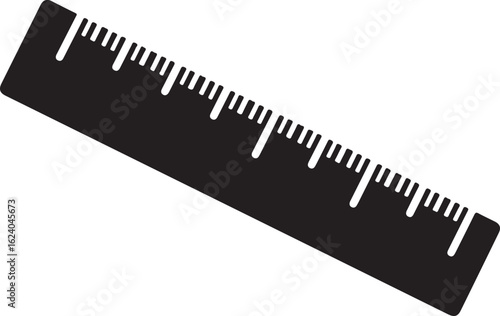 Black ruler with white markings on a white background measuring measurement