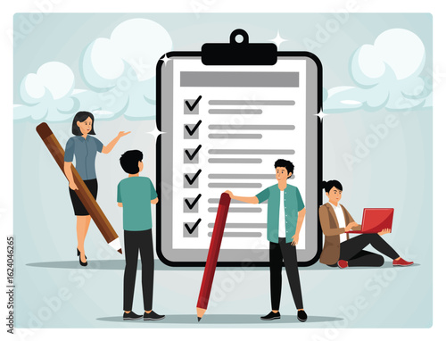 Checklist to complete project task concept. Business people holding pencil complete task check box.